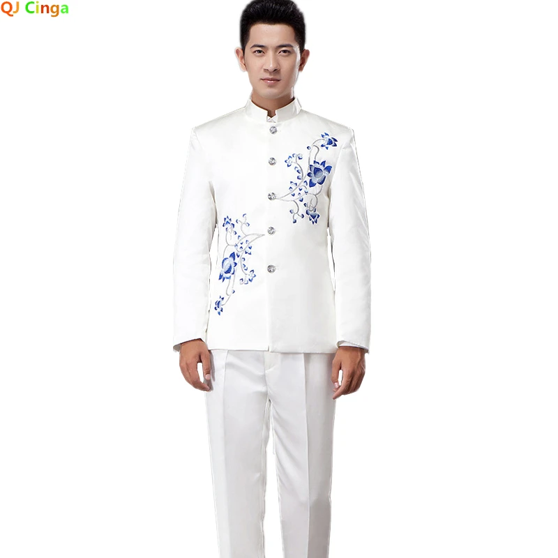 

White Men's Gold Embroidery Blazer Set Traditional Chinese Tunic Suits for Men Tang Suit China's Wind Costume 2 Piece