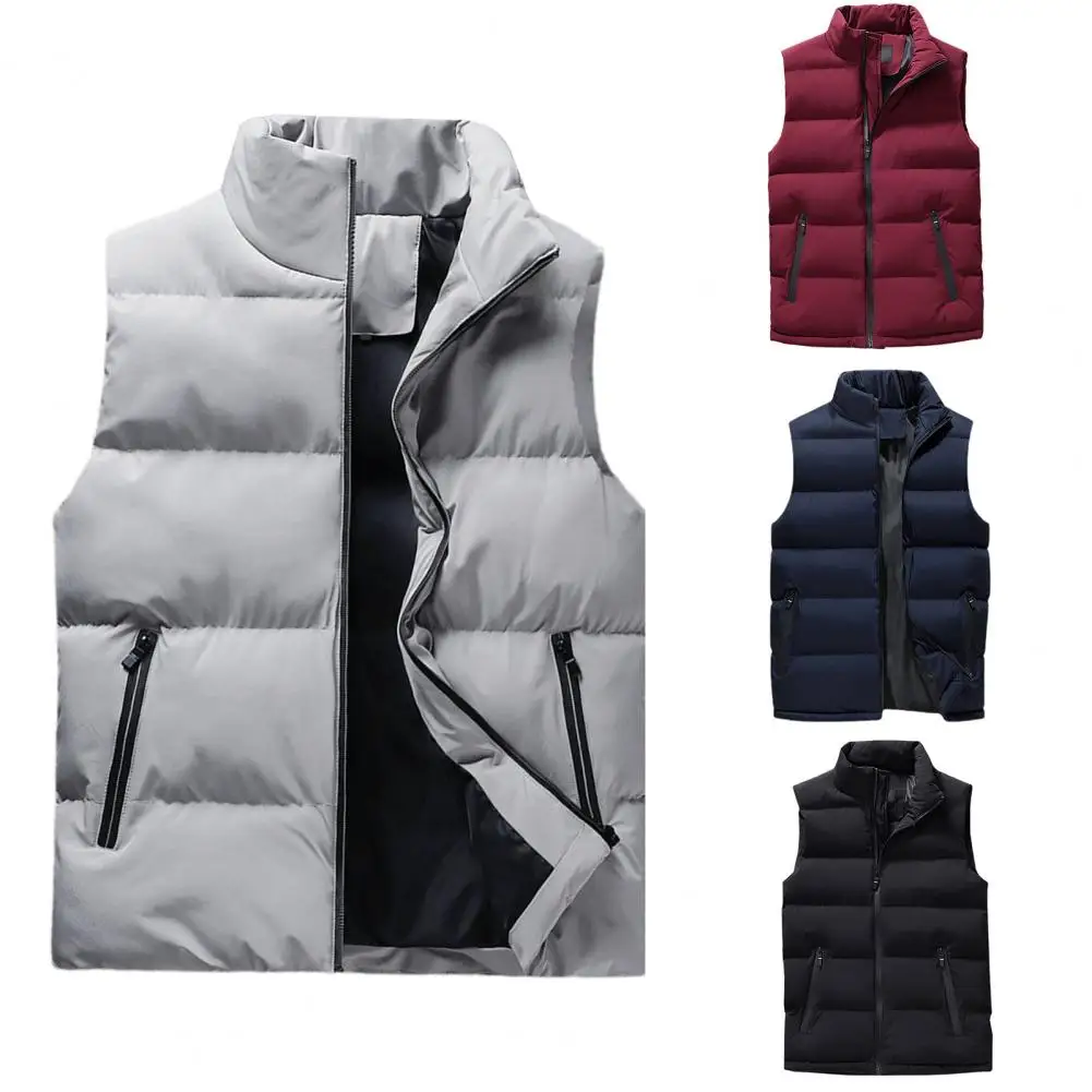 

Autumn Winter Men Vest Cotton Padded Thick Solid Color Stand Collar Zipper Windproof Jacket Streetwear