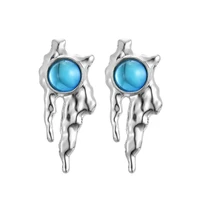 silver plated promotion irregular water drop design blue crystal stone ladies tassels stud earrings jewelry women accessories