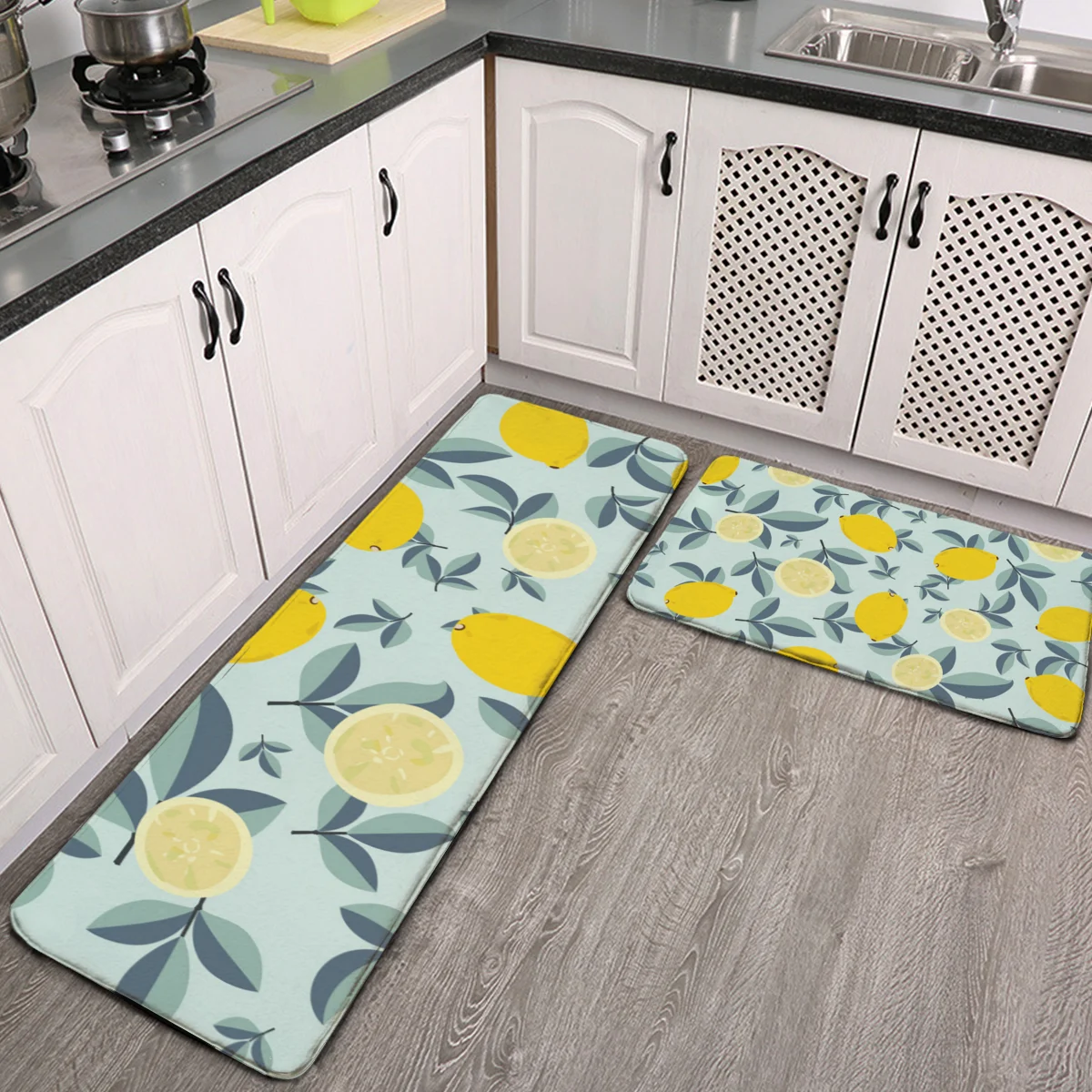 

Kitchen Rugs Mats Set 2 Piece Tropical Leaves Yellow Lemons Fruit Light Blue Kitchen Floor Runner Mats Cushioned Anti Fatigue Do