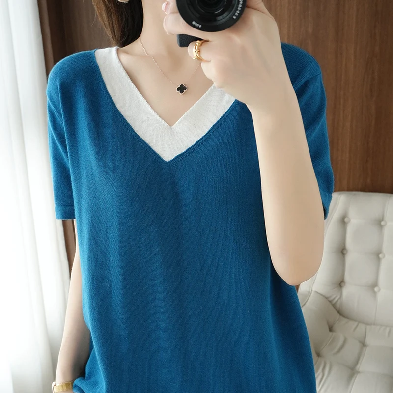 

Summer 2023 new cotton and linen short sleeve women's V-collar fake two cotton T shirt loose knit half sleeve bottom top