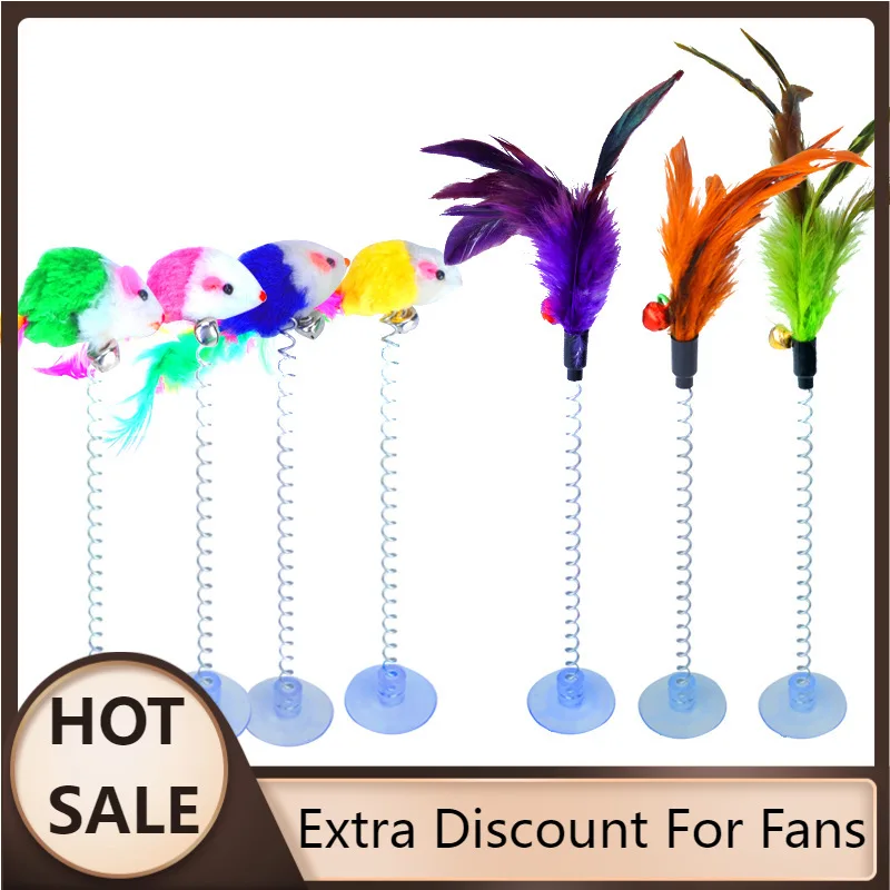 

Модные смешные игрушки для кошек, 1 шт., эластичные перья, накладная мышь, весенние игрушки на присоске для кошек, игрушка для домашних животн...