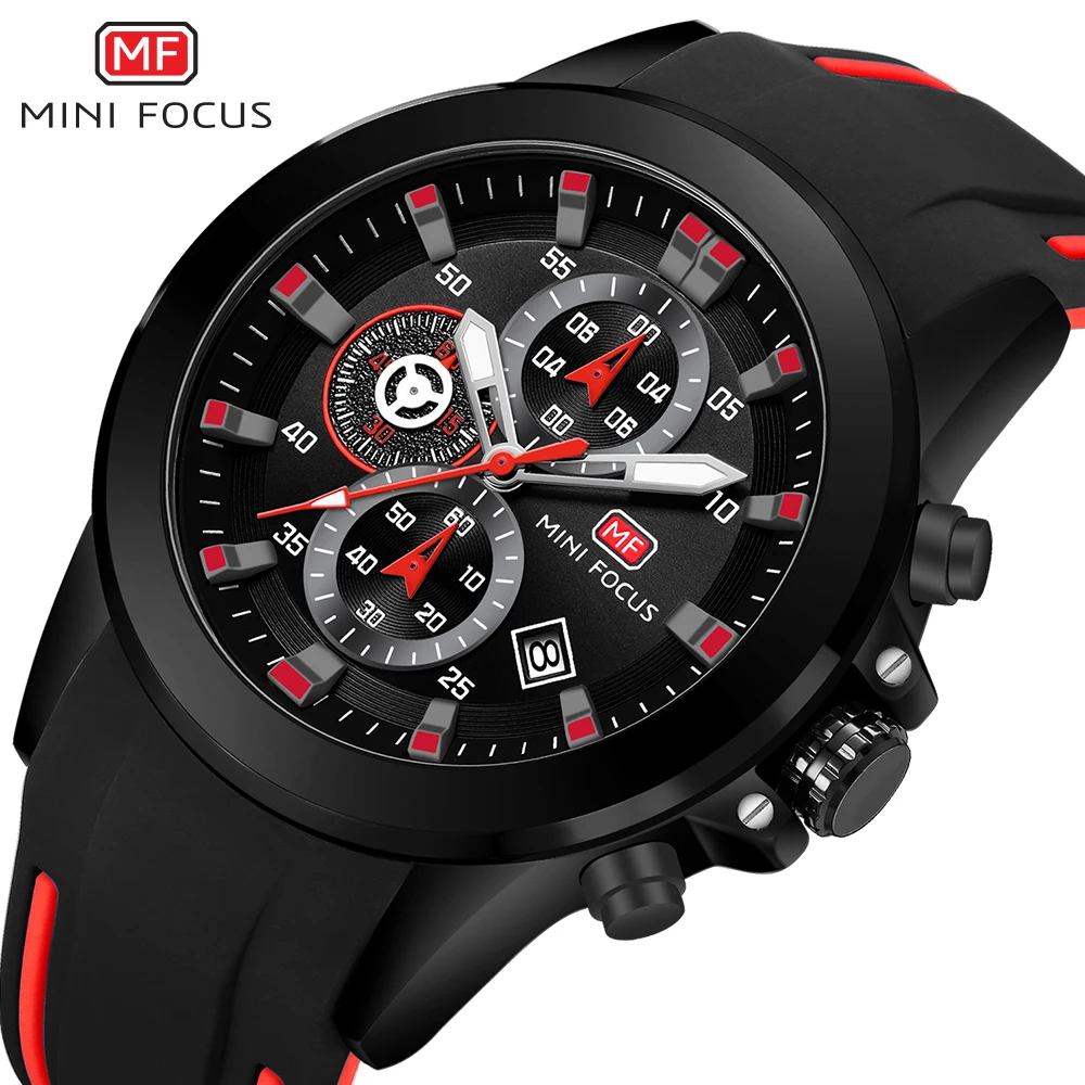 

MINIFOCUS Chronograph Quartz Watch for Man Waterproof Wristwatches Luminous Pointer Sport 24mm Silicone Strap horloges mannen