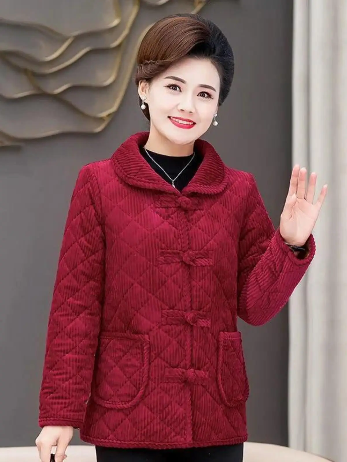 Middle-Aged and Elderly Middle-aged Women Dress Winter New Corduroy Buckle Cotton-Padded Coat Fleece-lined Long sleeve Outerw...