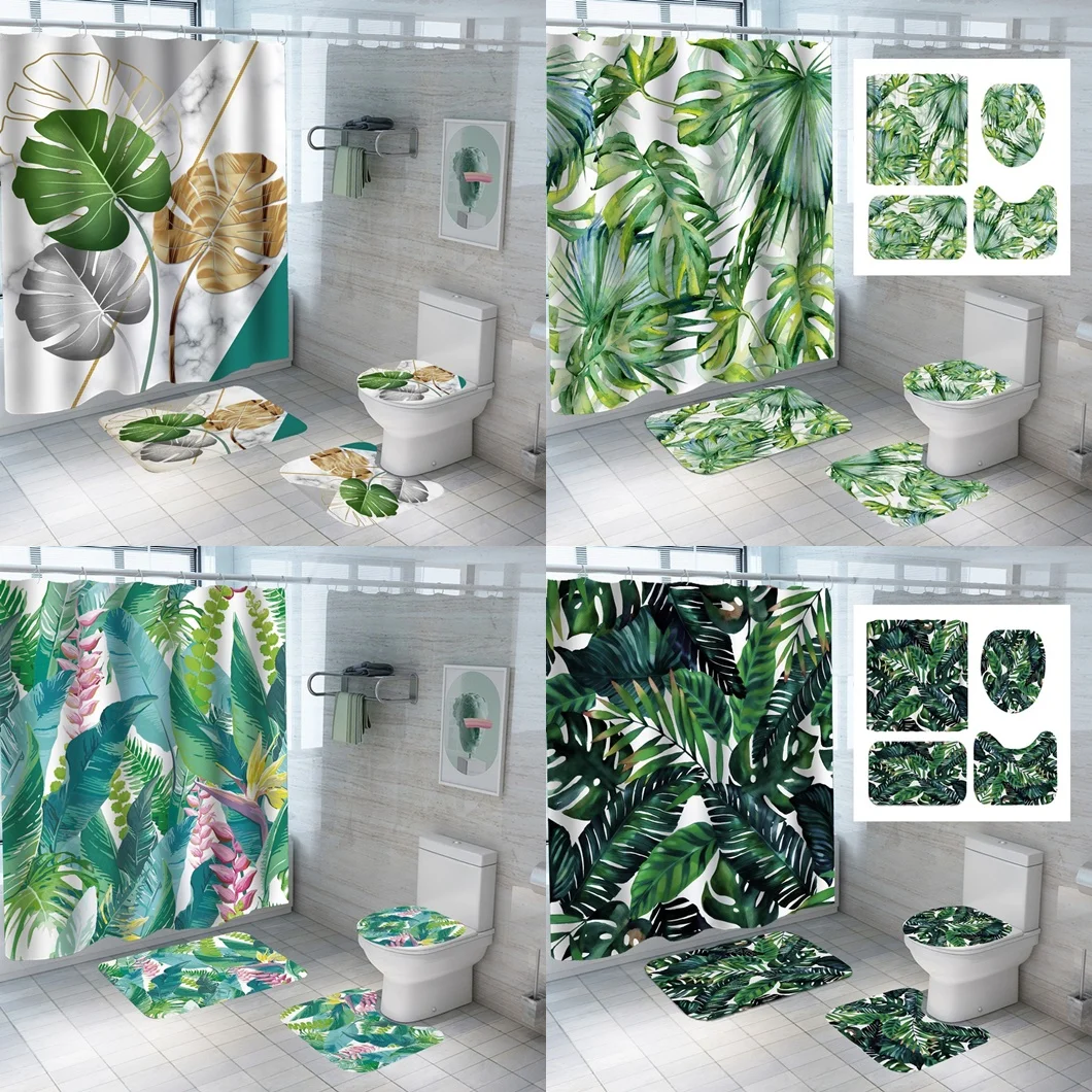 

Tropical Green Leaf Shower Curtain Sets Monstera Leaves Plant Bathroom Curtains Non-Slip Bath Mats Pedestal Rug Lid Toilet Cover