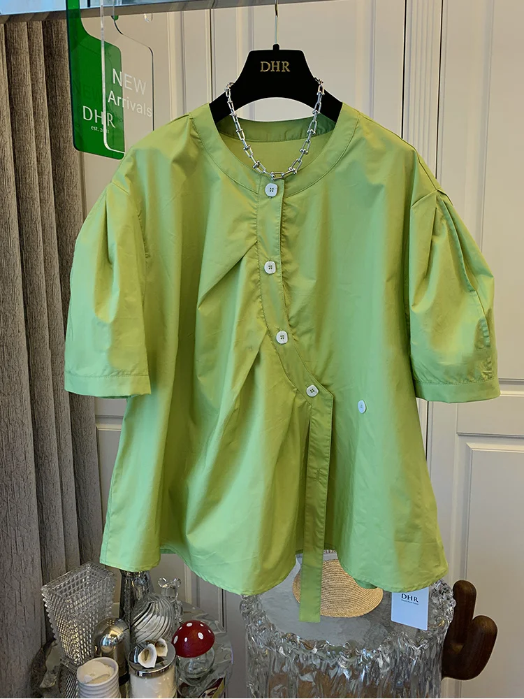 

SuperAen Korean Style Bubble Sleeve Fold Fork Buckle Cotton Short Sleeve Shirt Top Women's Loose 2022 Summer Blouse