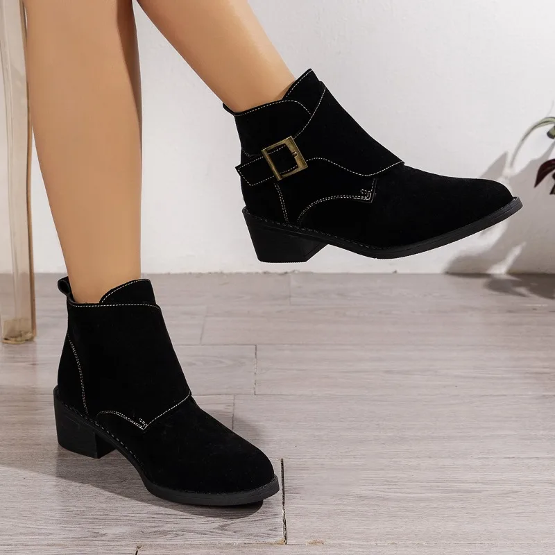 

2023 Hot Sale Shoes for Women Slip on Women's Boots Winter Pointed Toe Solid Flock Buckle Decorate Low-heeled Western Boots