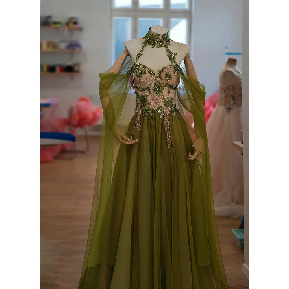 

Real Picture Flowers Appliques Women Prom Dress Fashion Haler Sleeveless A-line Party Dress Elegant Floor Length Evening Gown