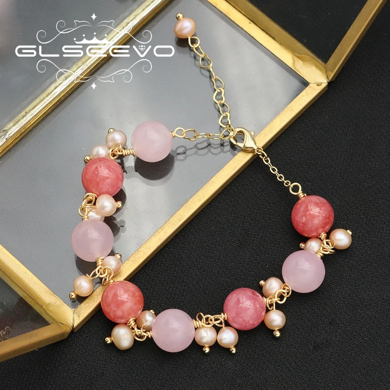 

GLSEEVO Watermelon Red Pink Natural Pearls Women's Bracelets Romantic Charm Fashion Trend Luxury Fine Jewelry Anniversary Gifts