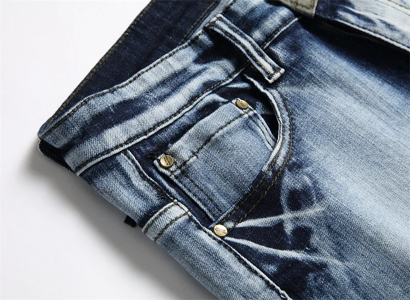 2023 New Jeans Men's Slim Fit Elastic Camo Panel Color Block Bike Fashion Distressed Casual Men's Jeans