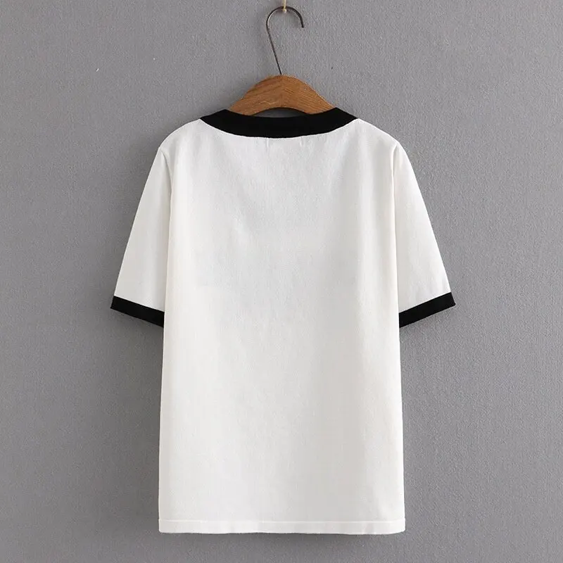 Plus Size Women's Short Sleeve Summer Shirts Oversized Knitted Female White Black Tops Oversized Vintage Slim Top