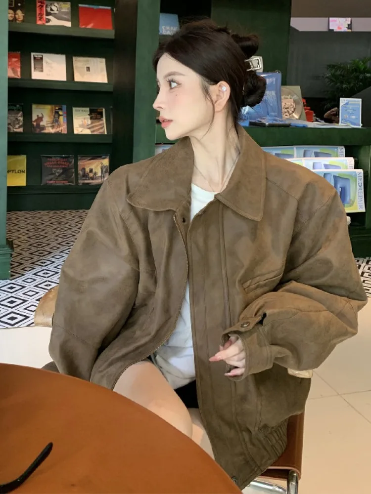 Американская винтажная коричневая верхняя одежда с лацканами женская осенняя