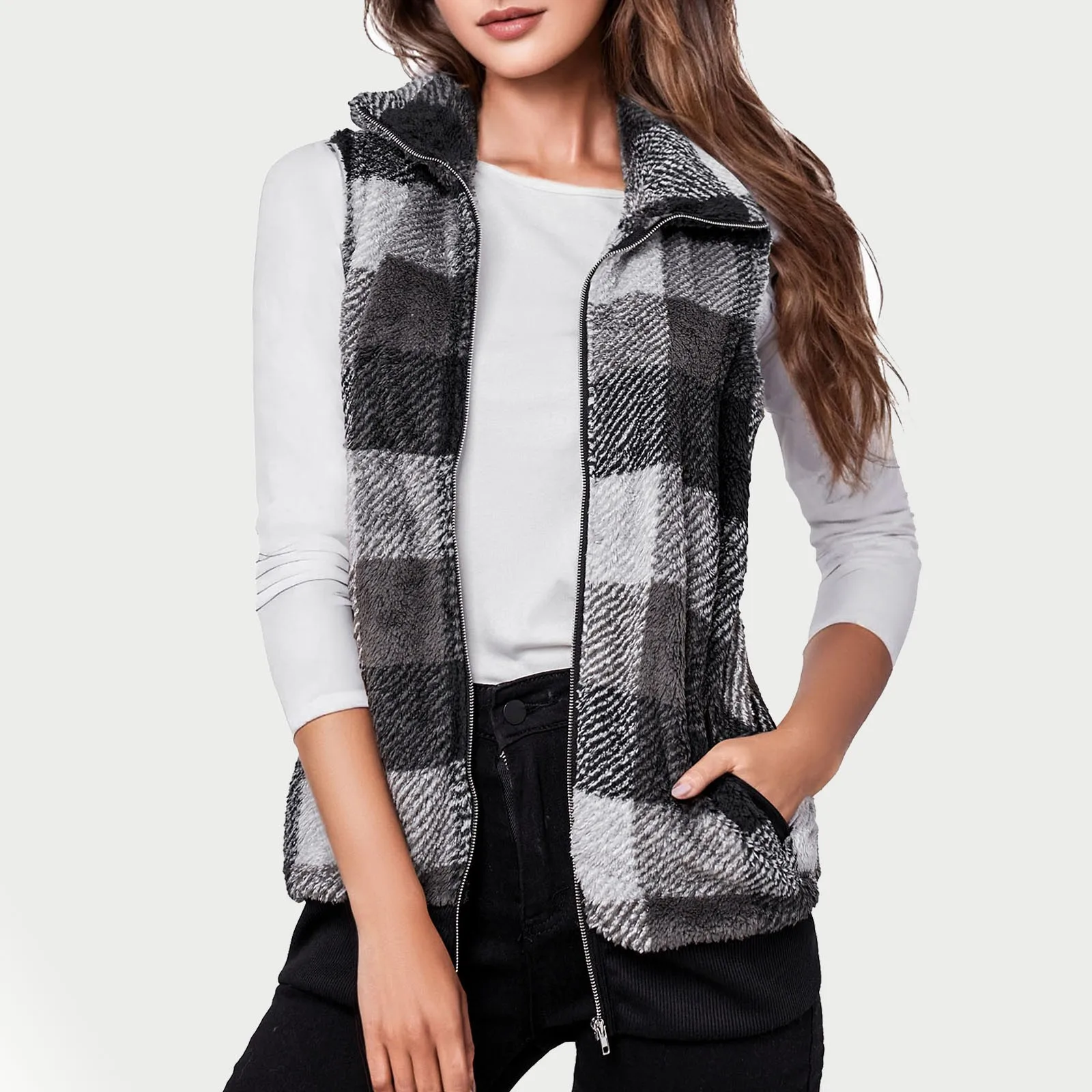 Женский клетчатый флисовый теплый жилет без рукавов пальто на молнии