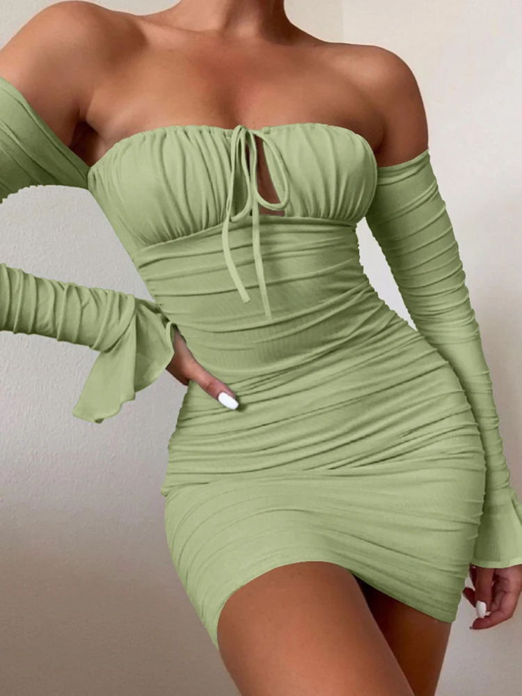 

Sexy Boob Tube Top Lade-up Push Up Long Sleeve Dress Flounce Sleeve Bodycon Ruched Mini Dress Women Off Shoulder Dresses