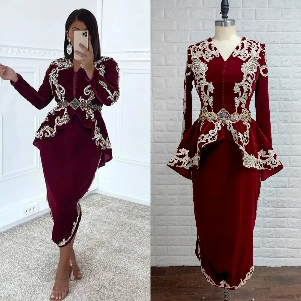 

Вечерние платья до середины икры с V-образным вырезом и длинным рукавом