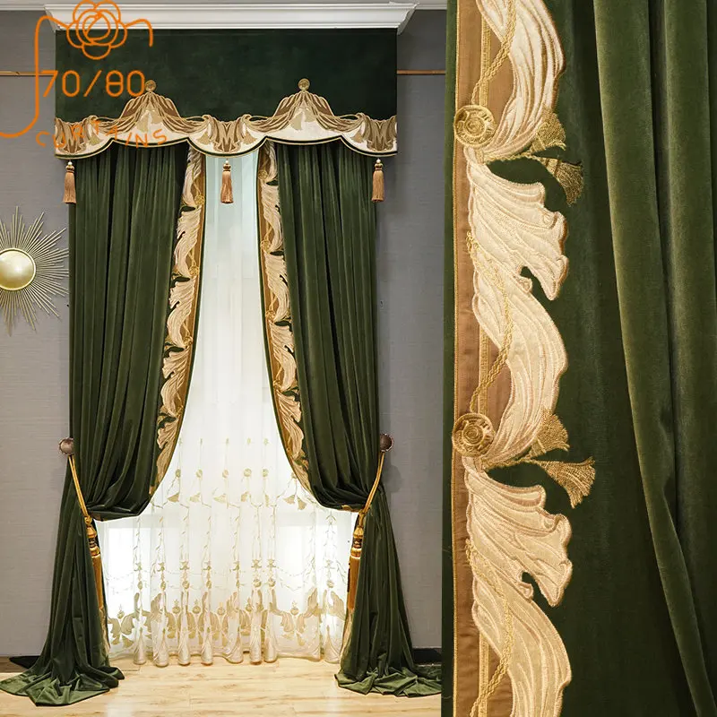 

Dark Green Embroidered Flannel Stitching Blackout Curtains for Living Room Bedroom Dining Room Partition Curtain Balcony