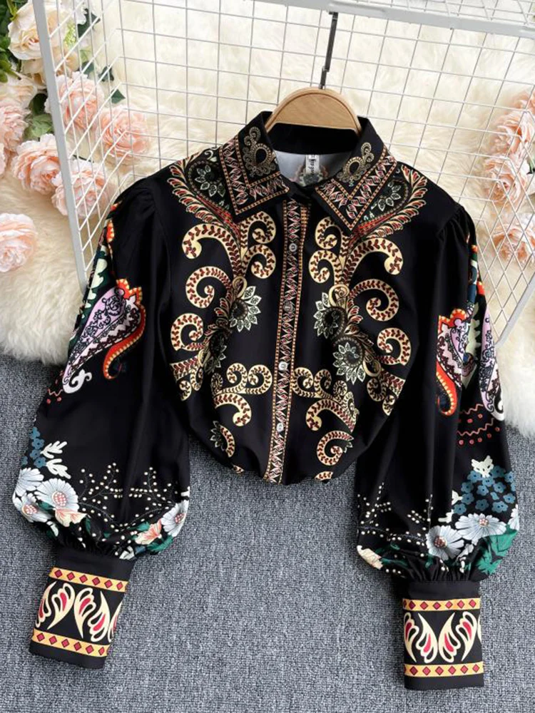 

2023 Spring Autumn Fashion New Retro Blouse Female Field Totem Printing Lantern Sleeve Lapel Blusa All-match Shirt GK330