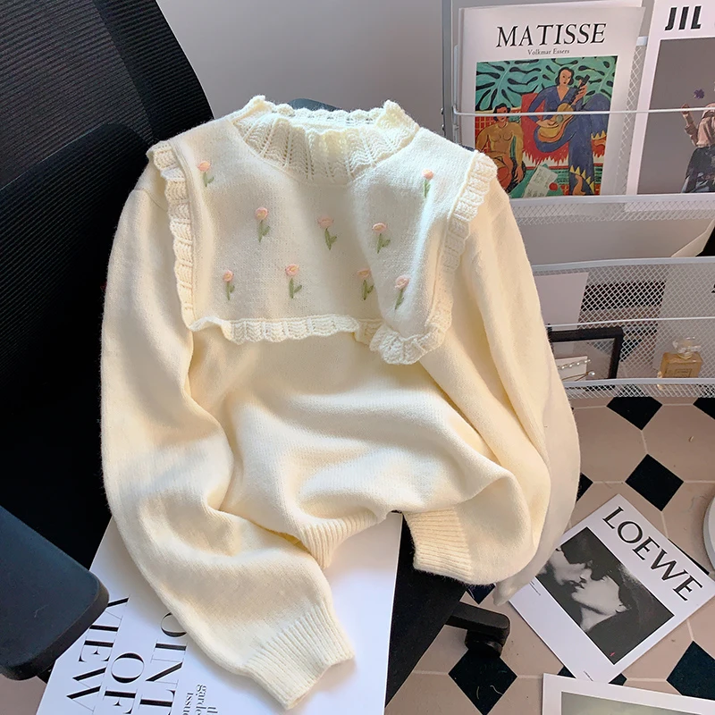 Bomon осень/зима 2024 японский кружевной свитер женский свободный крой милый Вязаный