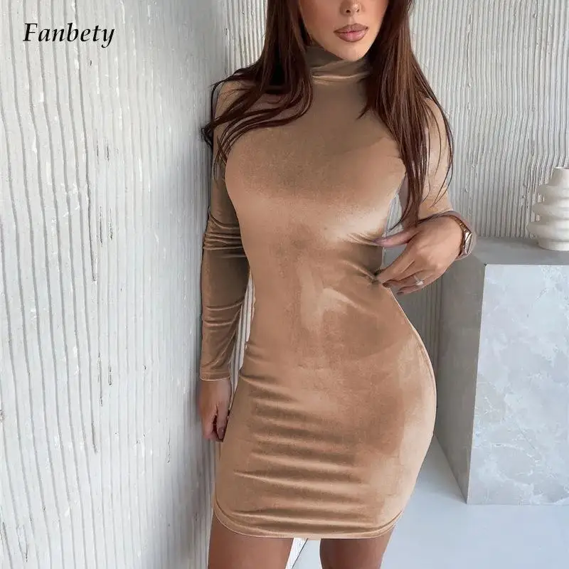

Fashion Turtleneck Skinny Club Mini Dress Autumn Casual Long Sleeve Solid Party Dress Winter Women Elegant Velvet Bodycon Dress