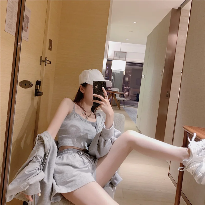 Loungewear Women 3 Pieces Summer Sleepwear Fashion Vest Lingerie Long Sleeve Zipper Hooded Lace-up Shorts Women's Pijamad