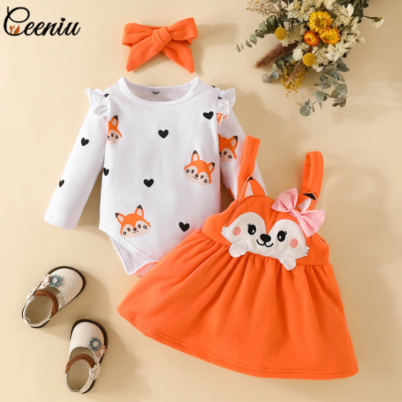 

Ceeniu 0-18M Fox Baby Girls Winter Clothes Outfit Sets Heart Bodysuit and Suspender Cartoon Fox Dress Infant Newborn Clothes