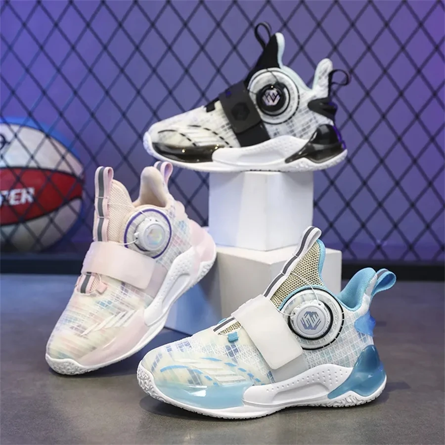 New Kids‘ Basketball Shoes Mesh Breathable Cushioning Rotating Button Sport Shoes Training Athletic Basketball Sneakers Boys