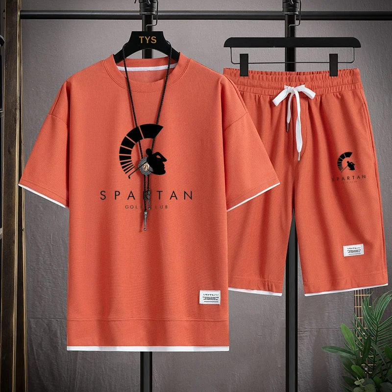 Spartangolfclub Summer Men's 2-Piece Top +Shorts Sportswear Fashion Printing Loose Harajuku Style Street Apparel Casual Golf Set