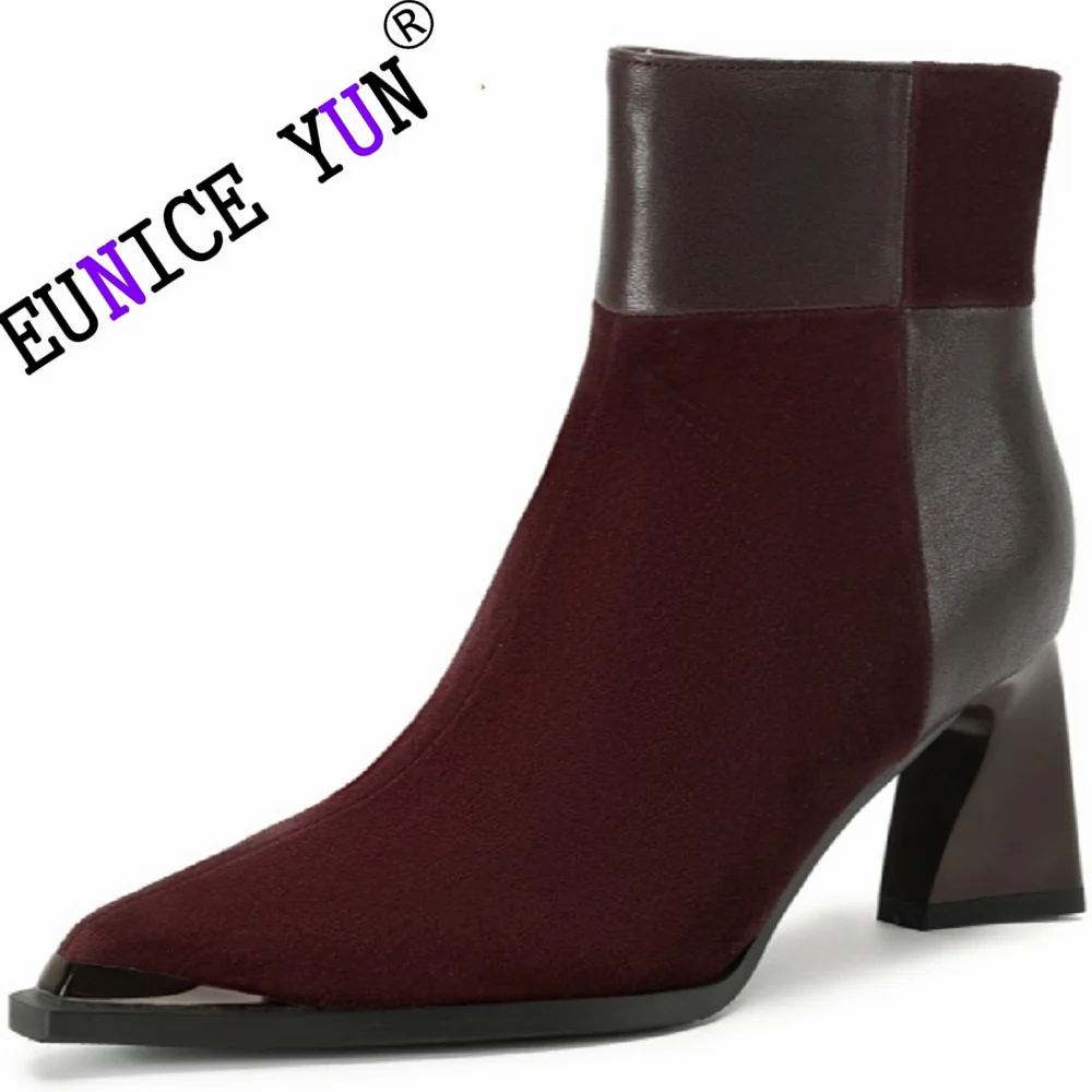 Женские ботинки из овечьей замши с острым носком на массивном каблуке размеры 34-40