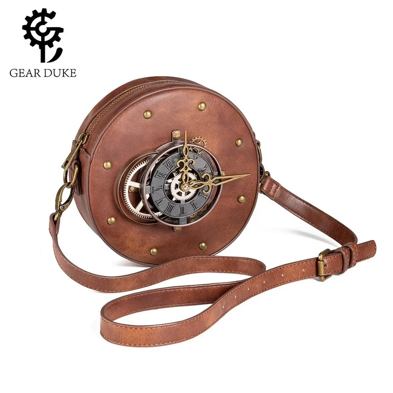 

New bag steampunk women's one-shoulder messenger bag PU leather retro style round motorcycle bag