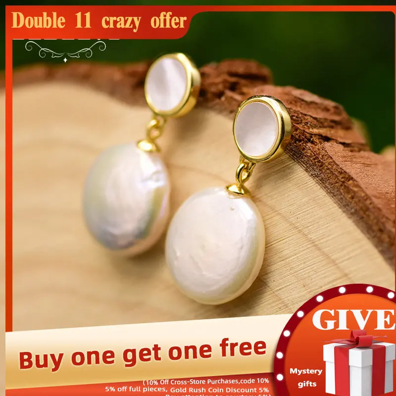 

GLSEEVO Silver 925 Round Natural Baroque Fresh Water Pearls Shell Dangle Earrings For Women Mom Birthday Gift Jewelry GE0786