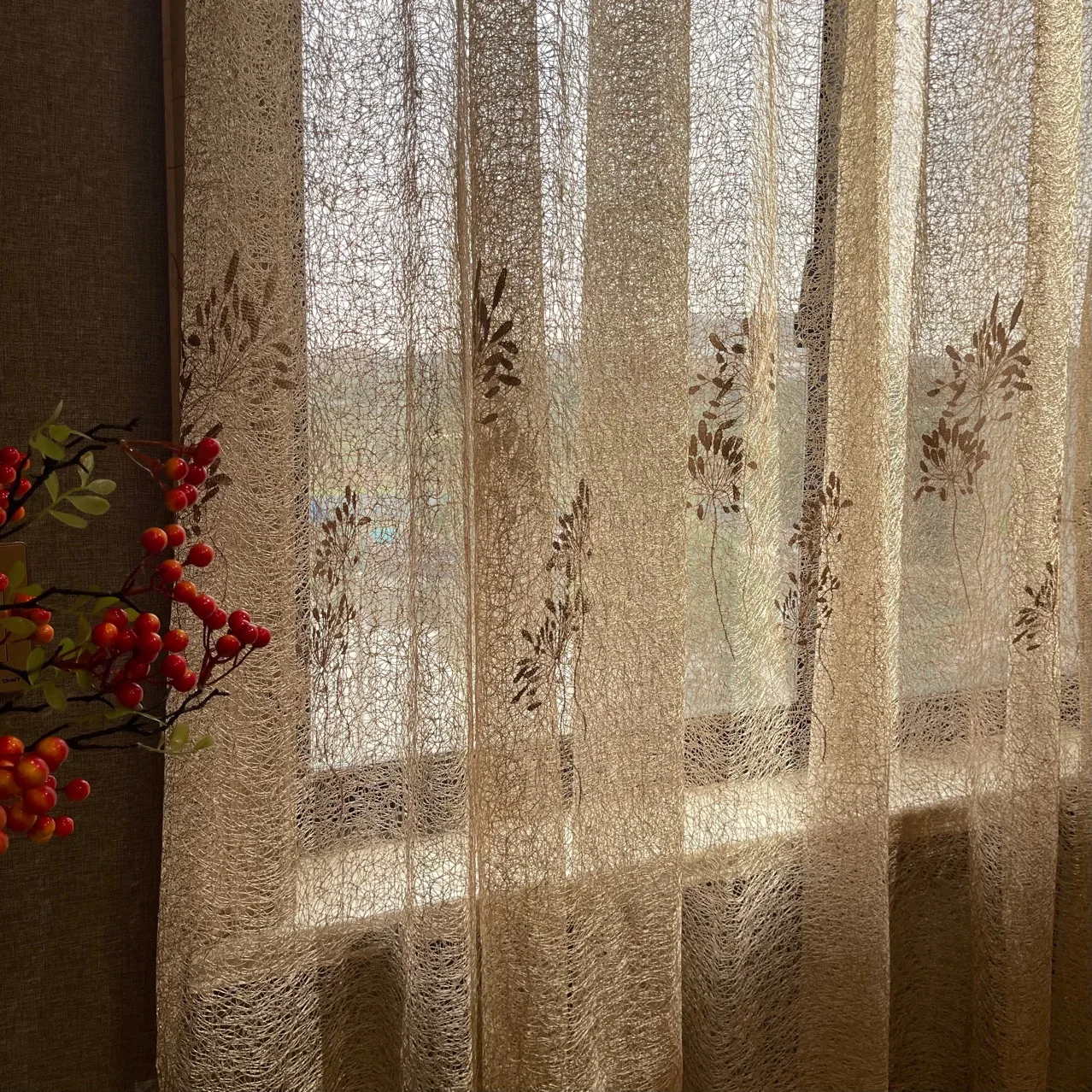 2022 New Bay Window Balcony Translucent Impervious Embroidered Yarn Milk Tea Color Nordic Simple Living Room Sheer Curtain