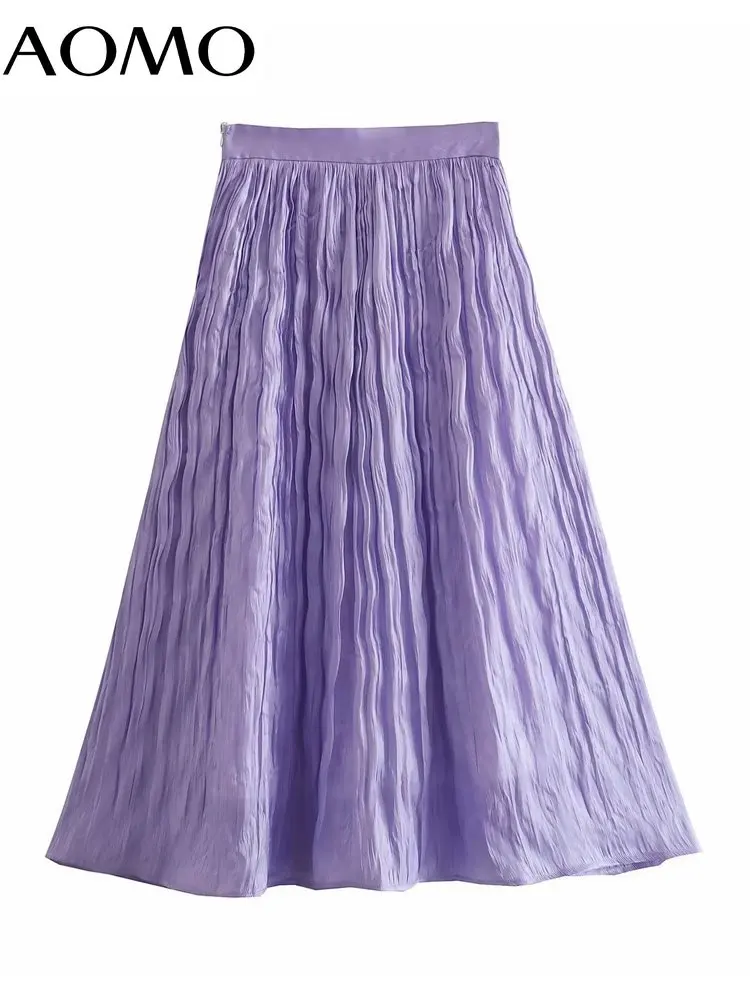 

AOMO 2022 New Women Purple Pleated Skirt Zipper Ladies Chic Midi Skirts XN145A
