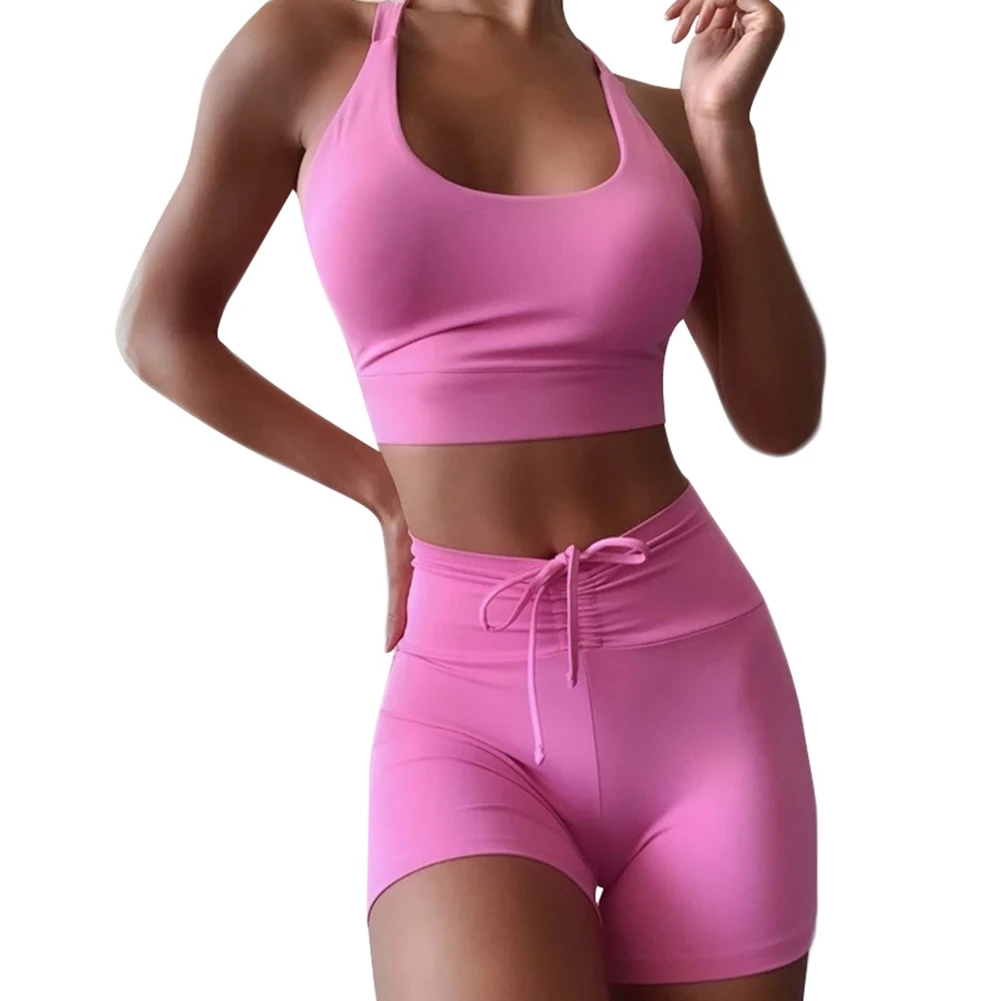 

Women's Fashion Skinny High Elastic Fitness Yoga Wear Tank Top Shorts Set Pink XL Size