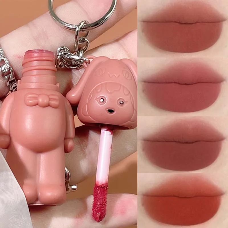 

Cute Cartoon Keychain 6 Colors Matte Mousse Lip Gloss Red Brown Lip Mud Liquid Lipstick Waterproof Lasting Lip Glaze Cosmetics