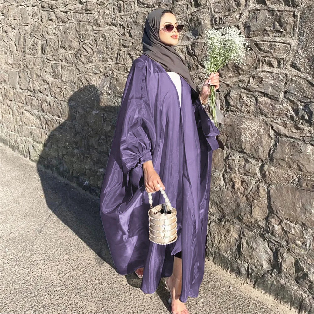 

2023 Spring Summer Satin Open Abayas Shiny Kimono Cardigan Women Puff Sleeve Dress Muslim Kaftan Dubai Turkey Jalabiya Robe Gown