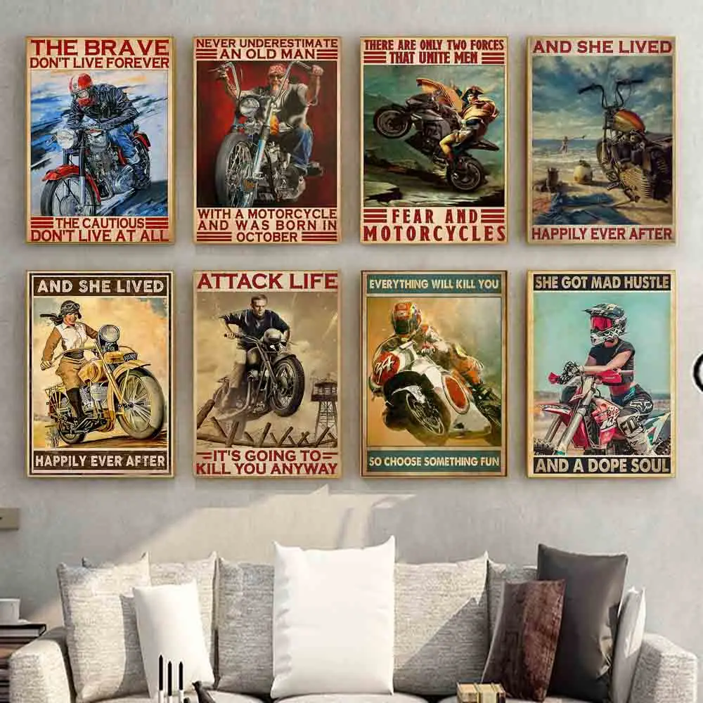 

Motorcycle rider retro art Canvas painting harley cross country poster office living room corridor home decoration mural