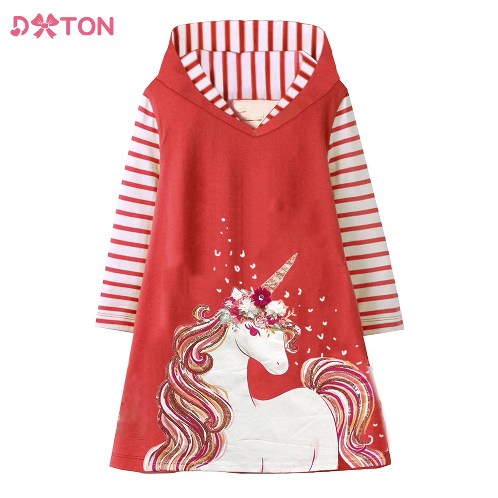 DXTON Long Sleeve Cotton Dress for Girls Unicorn Cartoon Frocks Children's Clothes Autumn Winter Kids Hoodies Casual Vestidos