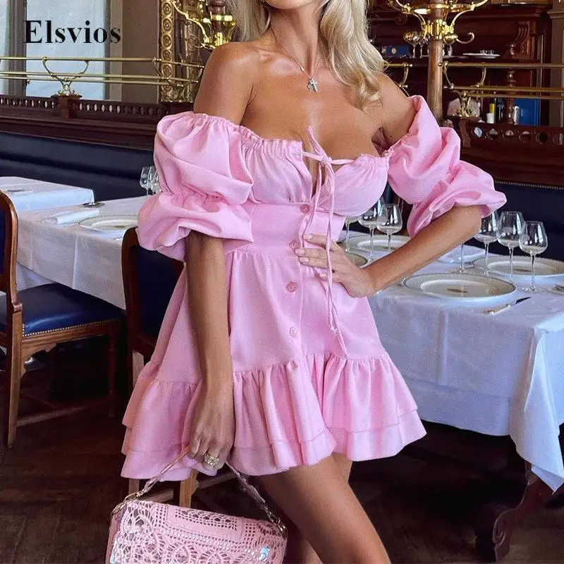 

2022 элегантное однотонное мини-платье с пышными плечами, пикантное вечернее платье с открытыми плечами и рюшами, женское модное Повседневное платье-трапеция на пуговицах