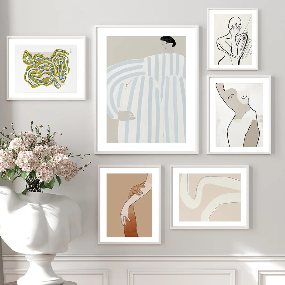 Абстрактная Геометрическая линия настенная печать полосатая платье девушка