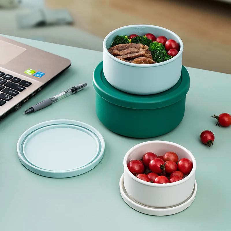 

Silicone circular lunch box, FDA food grade silicone, covered tightly, microwaveable and refrigerated, portable lunch box