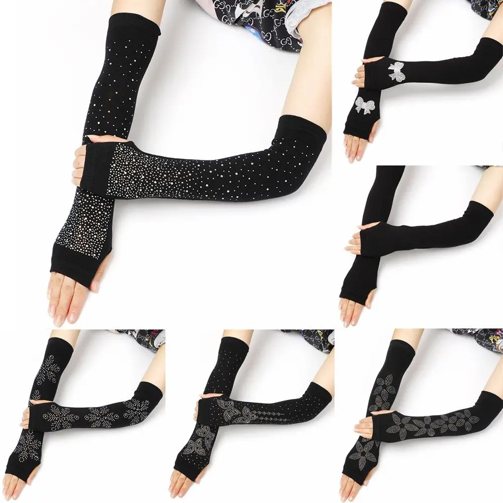 

Women Female Rhinestone Warm Sleeve Long Knitted Gloves Driving Mittens Half Finger Gloves Arm Cover