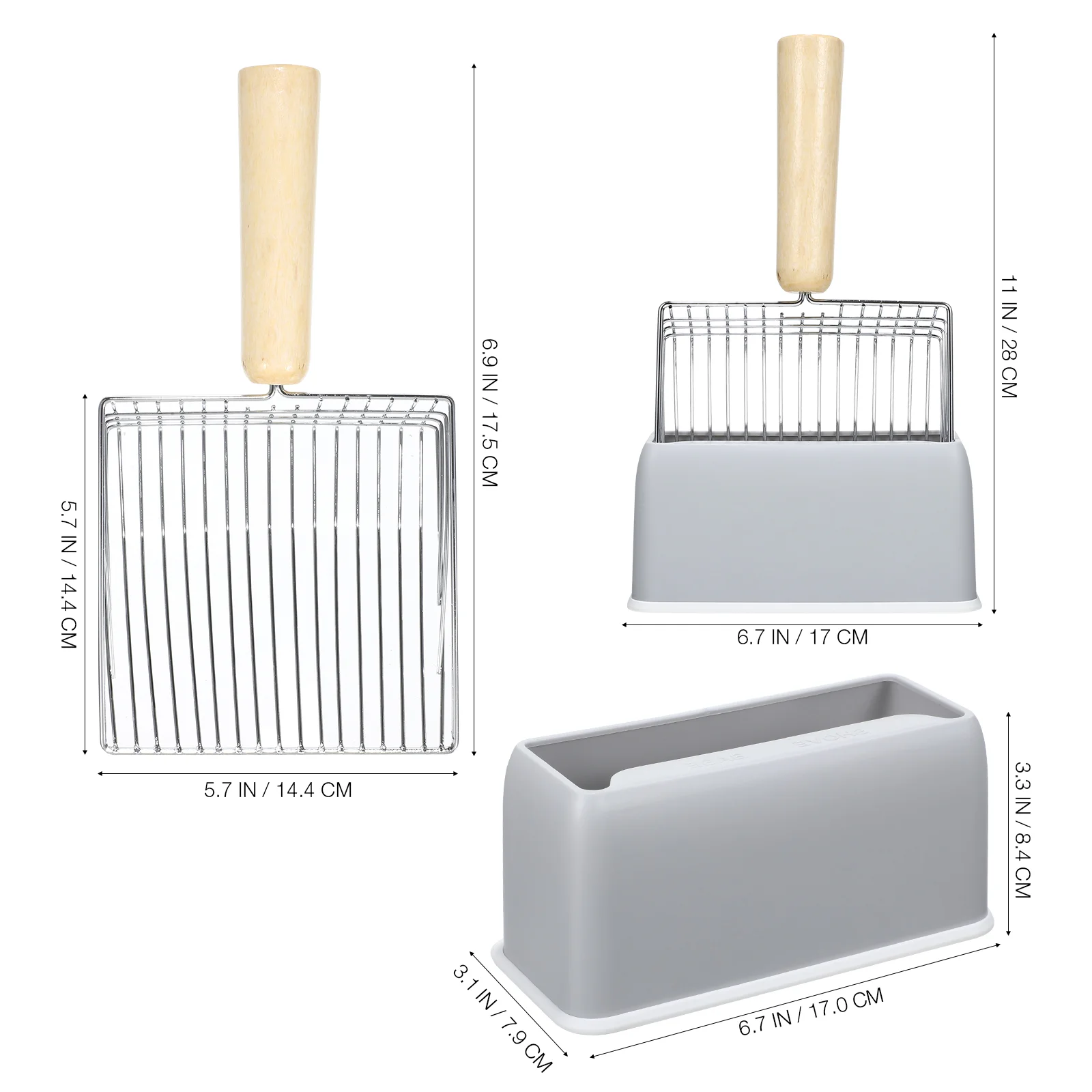 Совок для кошачьего туалета с большой деревянной ручкой ((набор) Серый)