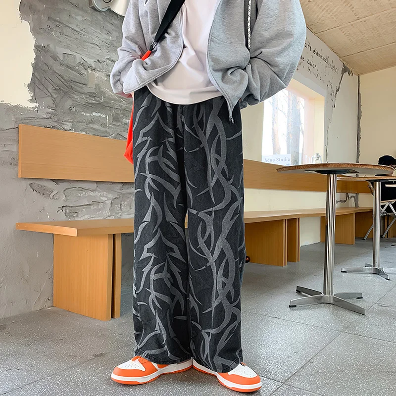 2022 New Spring Men's Printed Denim Pants Straight Casual Jeans Fashion Streetwear Japan Style Retro Drawstring Mopping Trousers
