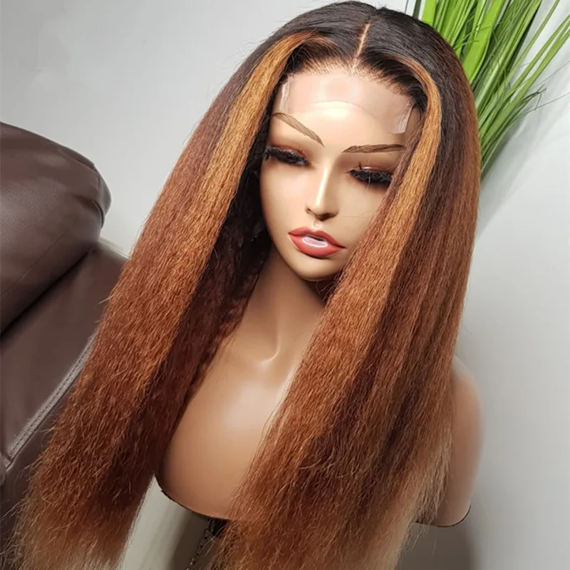 

Natural 28 inch Soft Ombre Blonde Kinky Straight Long Yaki Kinky Straight Hair Wig For Women Wig Hairline With Afro Baby Hair