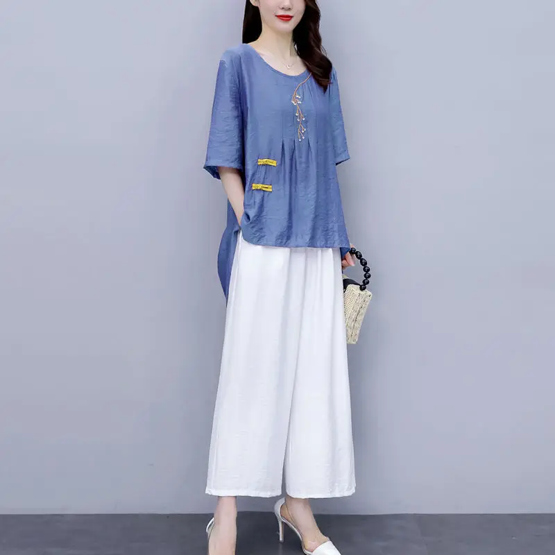 

Women 2021 Summer Fashion Two-piece Sets Female Floral Embroidered O-neck Tops Ladies Solid Color Loose Wide-leg Pants Suits K77