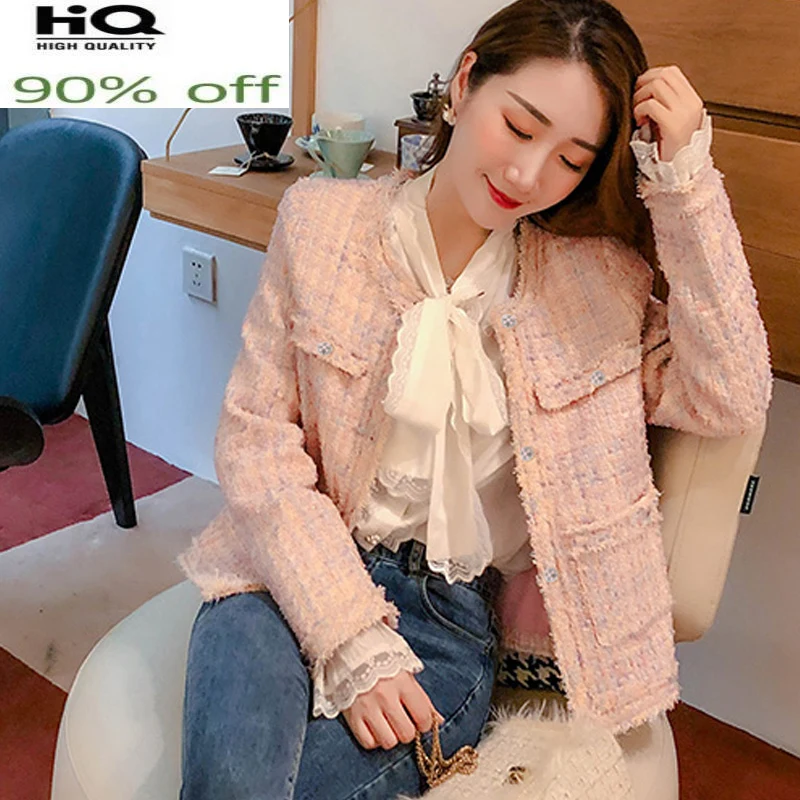 

Tweed Pink Women's Spring/Autumn temperament ladies New Style Elegant All-match Long Sleeve Short Coat One-Piece