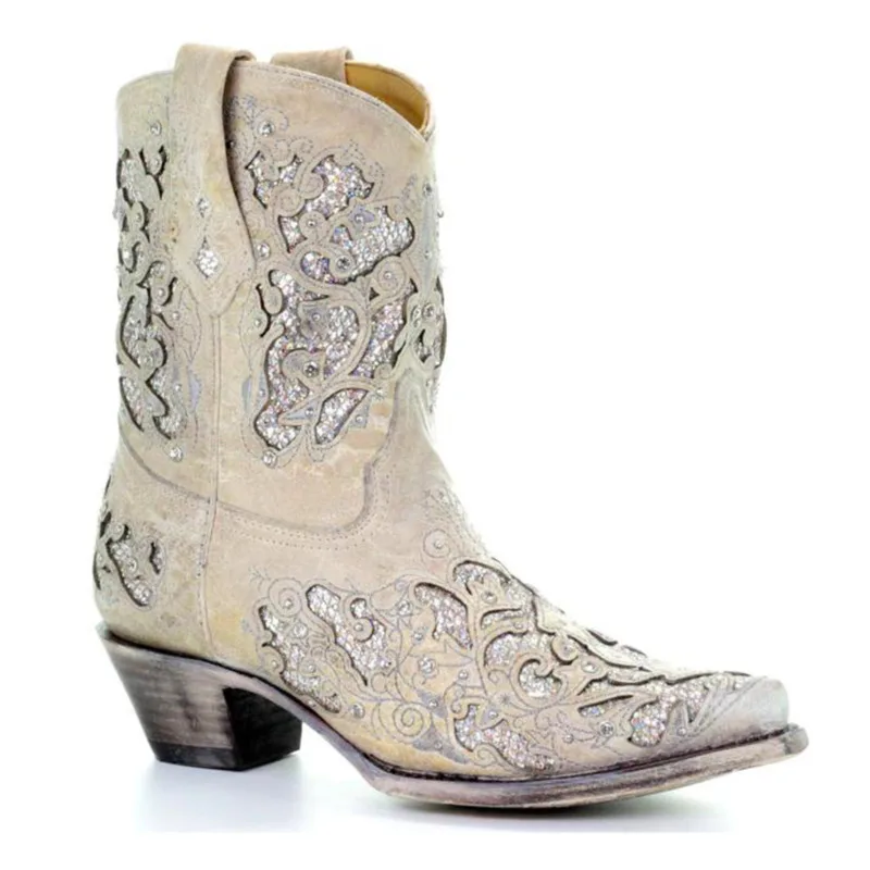 Women Ankle Boots Wedge Cowboy Boots Restoring Embroidered Pointed Toe Chunky Heels Large Size 46 Female Western Boots Shoes