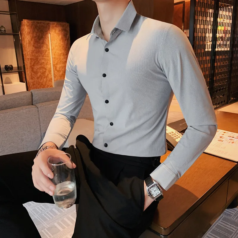 Classic Solid Color Shirts Men 2022 Autumn Long Sleeve Slim Casual Shirt Ice Silk Seamless High Elasticity Shirts Chemise Homme