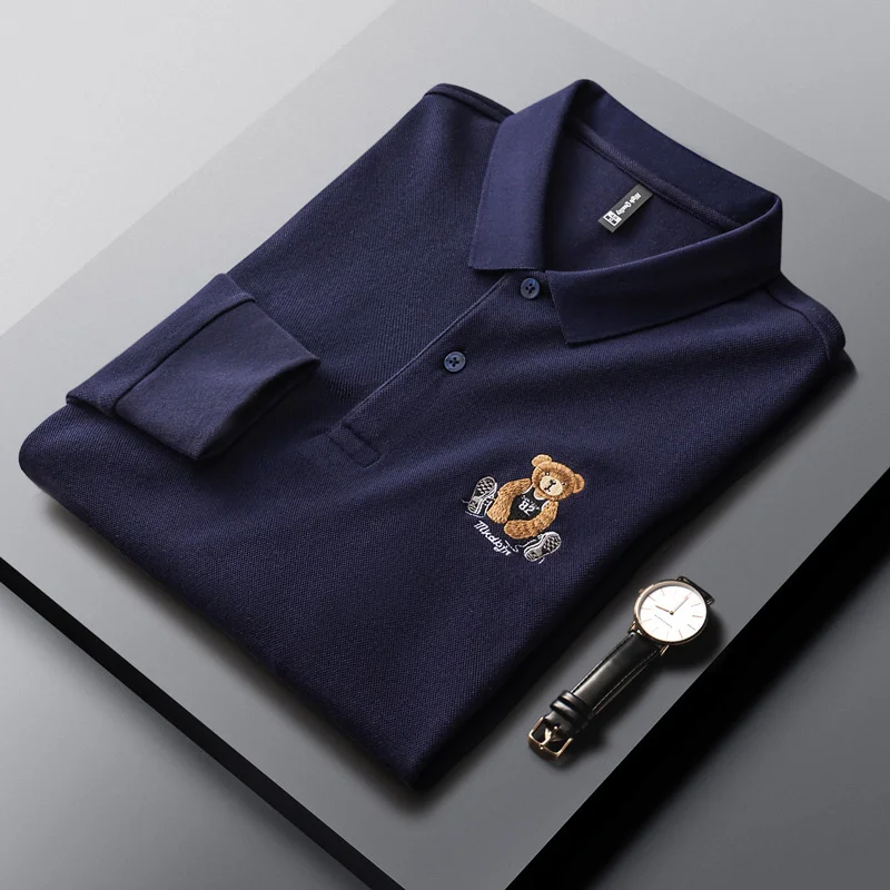 

High Luxury quality Bear Embroidery Long Sleeve T-shirt Men's 2023 Autumn New Pure Cotton Casual Polo Shirt Men's Wear top