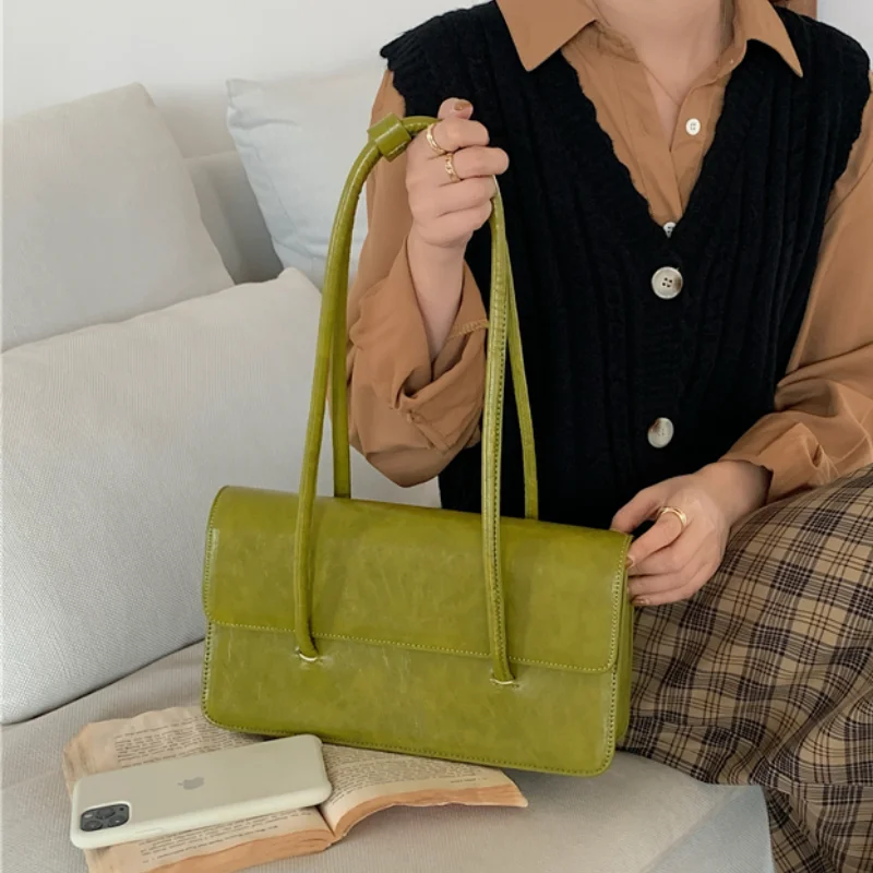 

Retro Simple Women's Underarm Bag Vintage Green Ladies Square Shoulder Bags Winter Fashion Female Tote Purse Top Handle Handbags